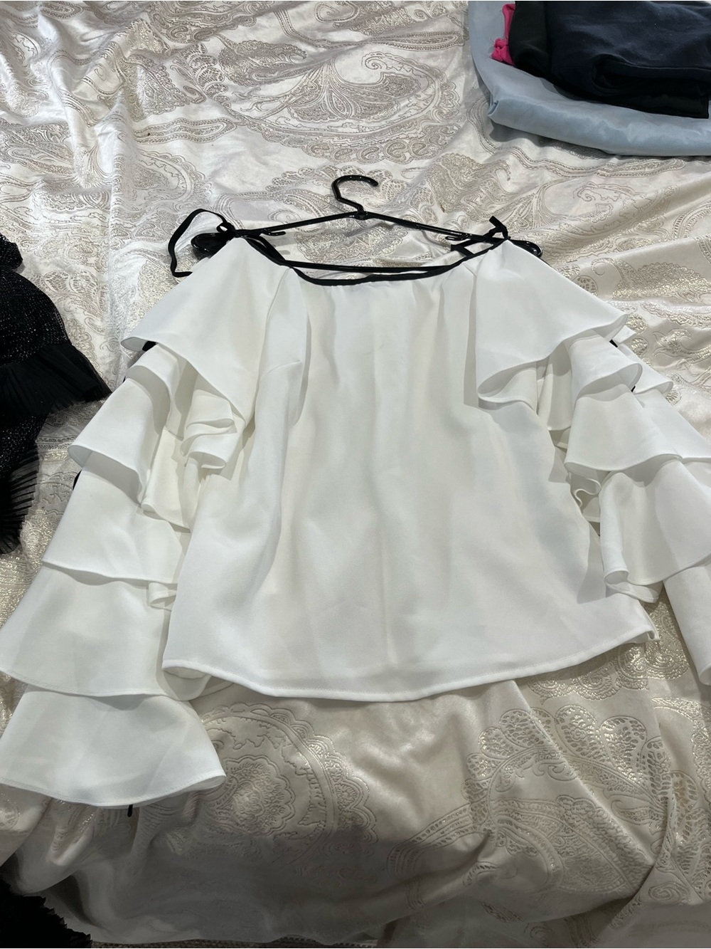Gracia White Off-Shoulder Ruffle Sleeve Top with Black Trim new